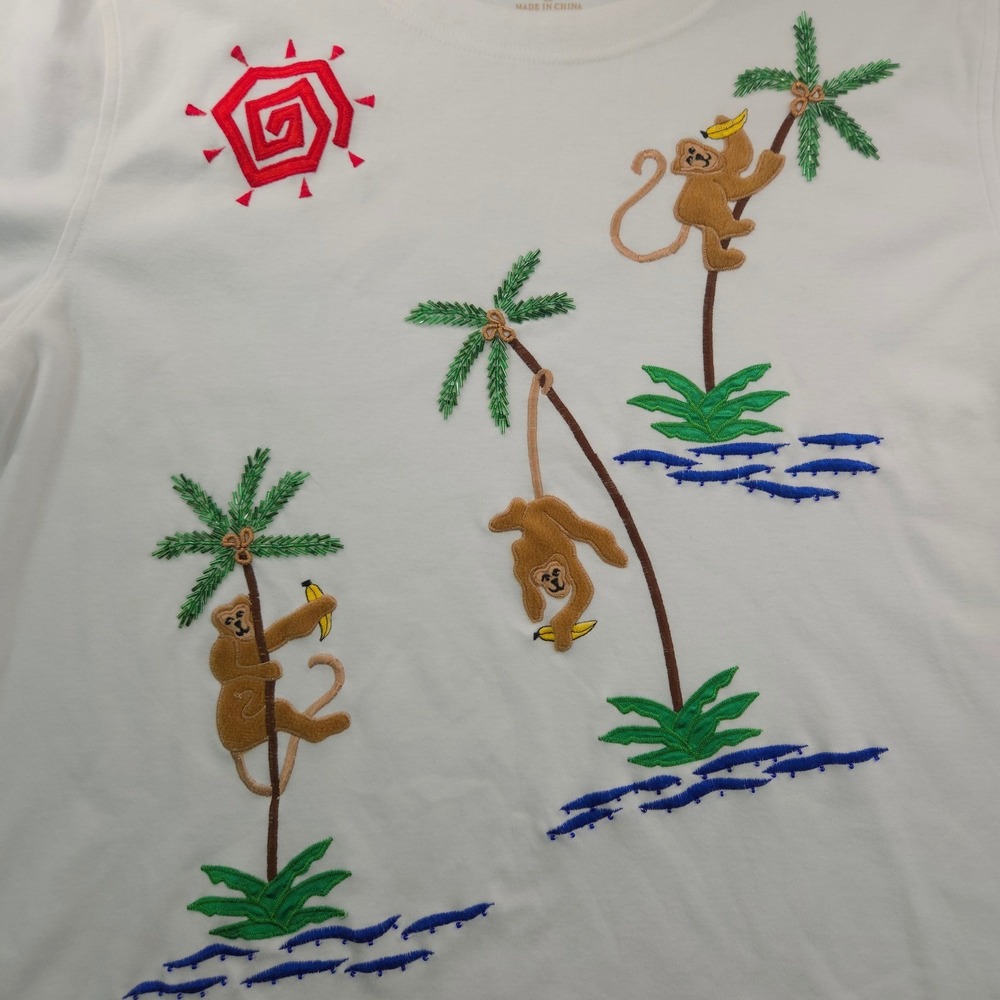 Monkey‎ Tropical Embroidered T-Shirt Women XL White